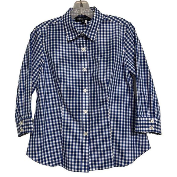 Jones New York Signature Button-Up Top Womens Medium Petite Blue & White Gingham - Picture 1 of 10